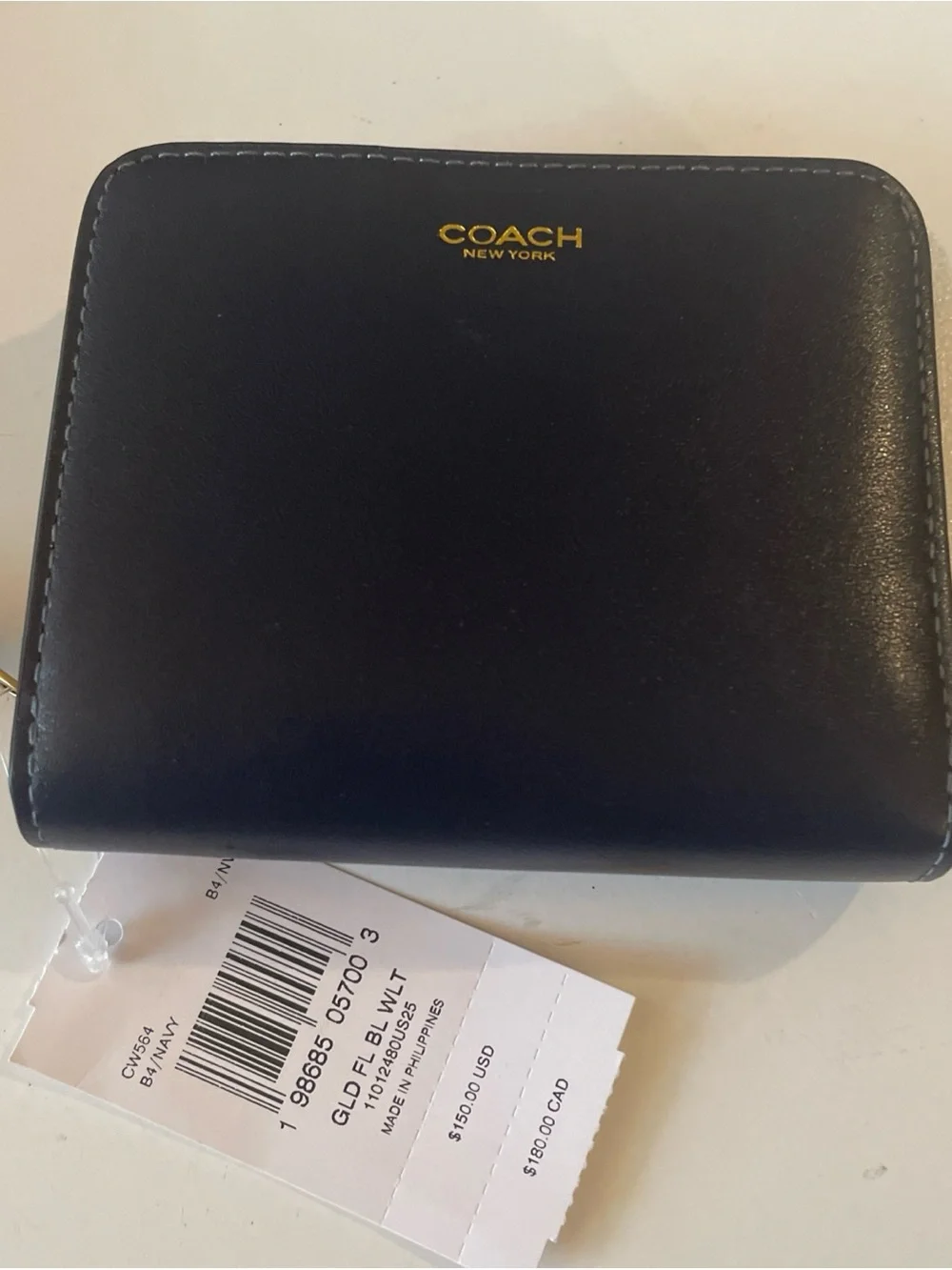 Coach Navy Leather Zip Wallet with Gold Logo